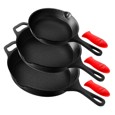 NutriChef Non Stick Cast Iron Skillet Frying Pan, 3 Piece Set (Used)