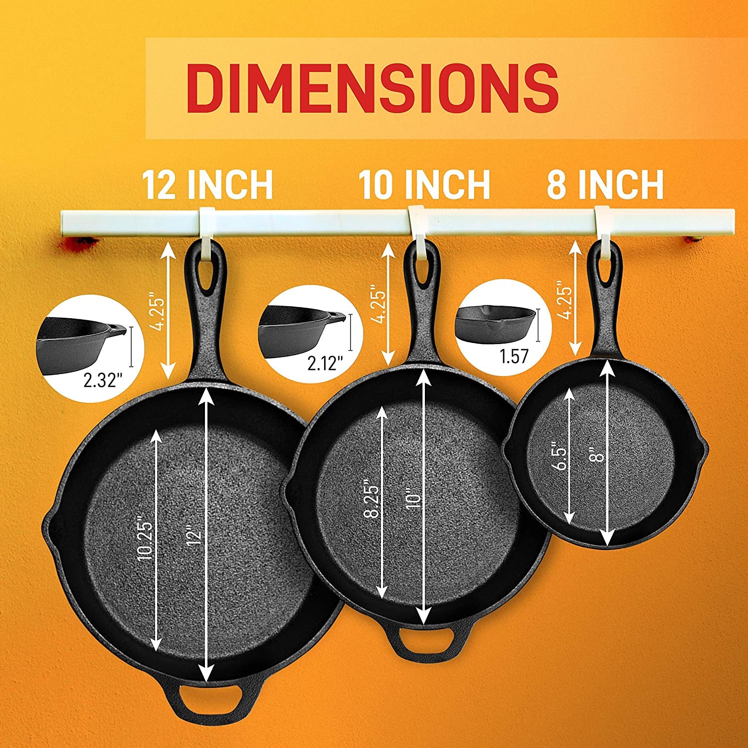 NutriChef Non Stick Pre Seasoned Cast Iron Skillet Frying Pan, 3 Piece Set - VMInnovations
