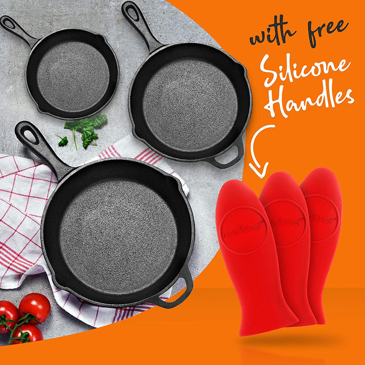 NutriChef Non Stick Cast Iron Skillet Frying Pan, 3 Piece Set (Used)