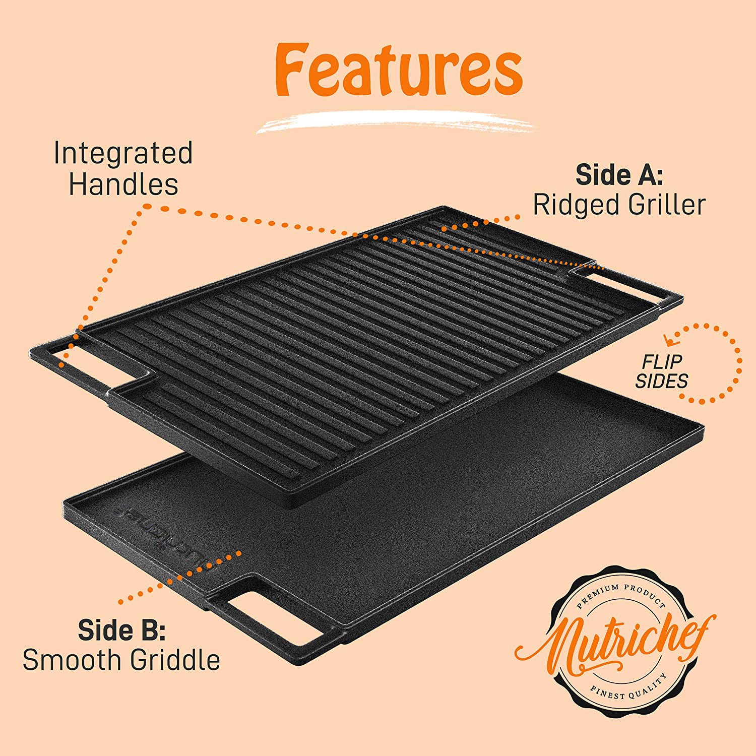 NutriChef 18" Cast Iron Skillet Grill Plate Pan for Stove Top, Black (Used) - VMInnovations