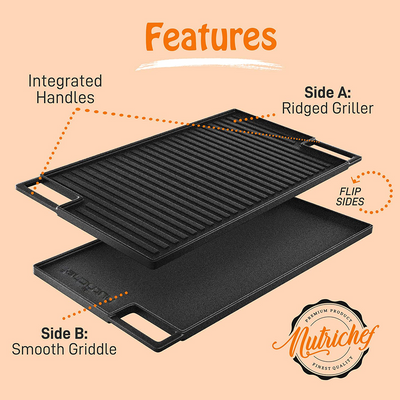 NutriChef 18" Cast Iron Skillet Grill Plate Pan for Stove Top, Black (Used)
