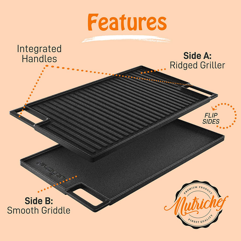 NutriChef 18" Cast Iron Skillet Grill Plate Pan for Stove Top, Black (Open Box)