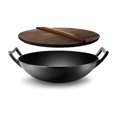 NutriChef Cooking Wok Cast Iron Stir Fry Pan with Wooden Lid, Black (Open Box)