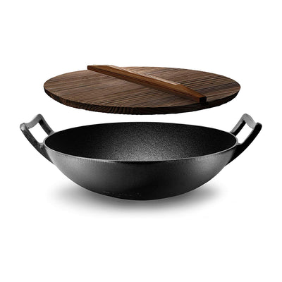 NutriChef Pre Seasoned Cooking Wok Cast Iron Stir Fry Pan with Wooden Lid, Black
