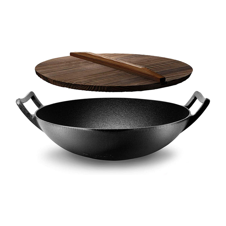 NutriChef Pre Seasoned Wok Cast Iron Stir Fry Pan w/ Reversible Grill Plate Pan