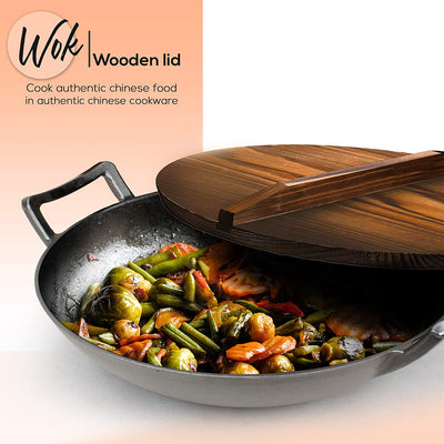 NutriChef Pre Seasoned Cooking Wok Cast Iron Stir Fry Pan w/ Wooden Lid (2 Pack) - VMInnovations