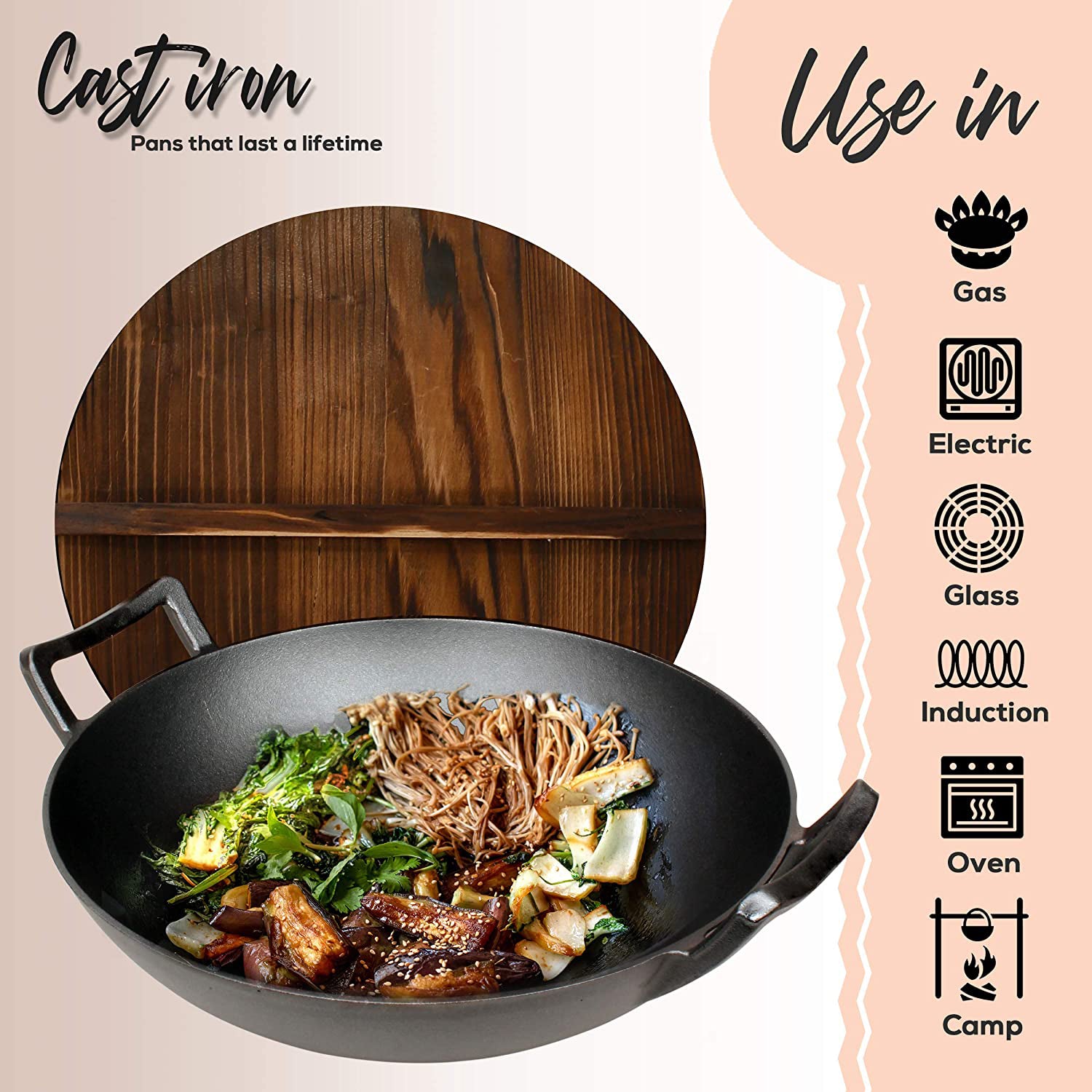 NutriChef Pre Seasoned Cooking Wok Cast Iron Stir Fry Pan w/ Wooden Lid (4 Pack) - VMInnovations