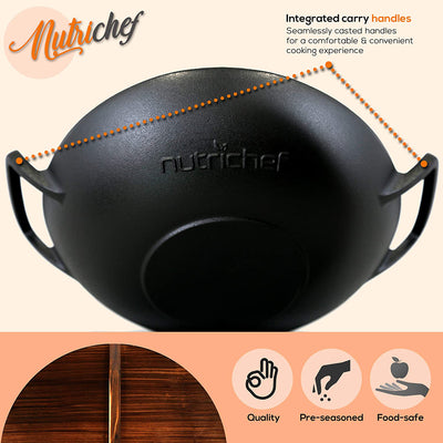 NutriChef Pre Seasoned Cooking Wok Cast Iron Stir Fry Pan w/ Wooden Lid (4 Pack) - VMInnovations