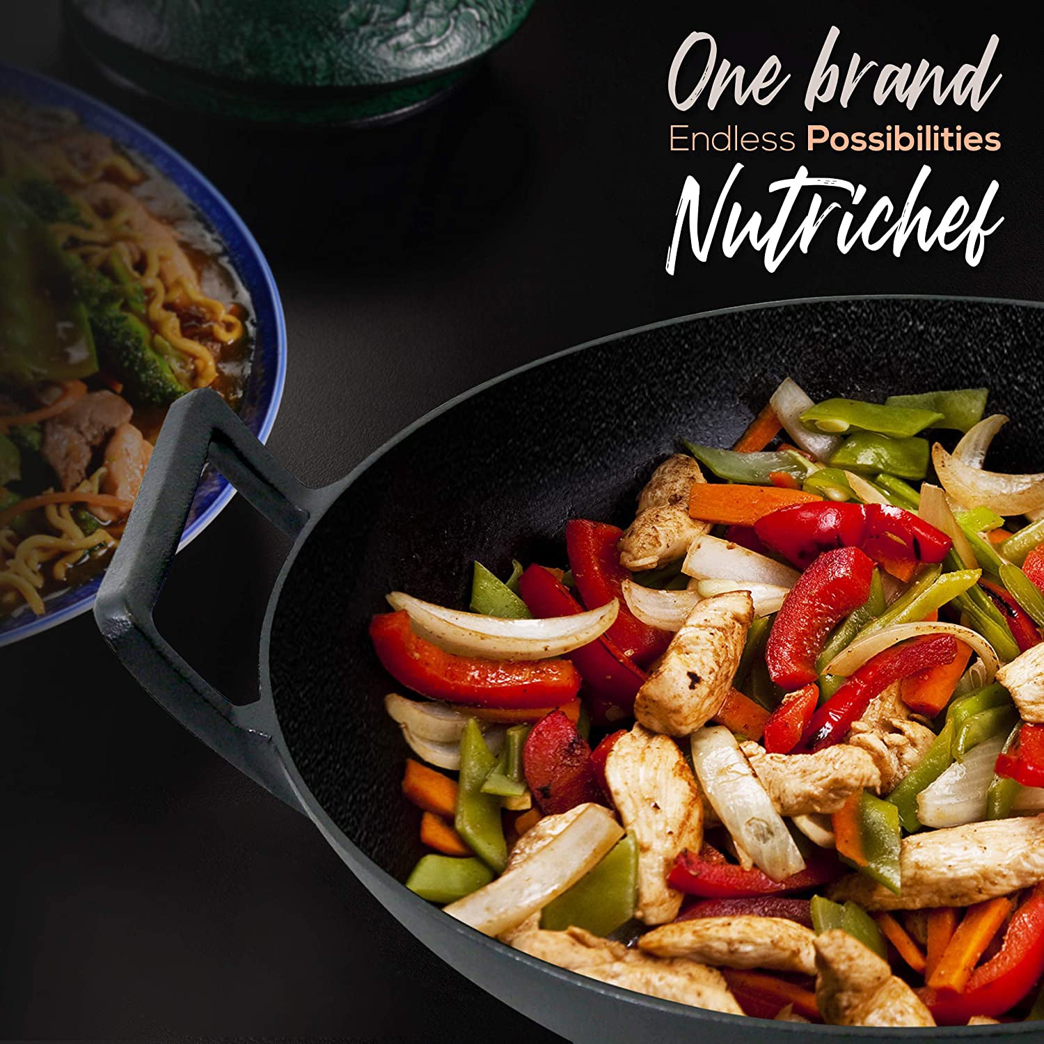 NutriChef Pre Seasoned Cooking Wok Cast Iron Stir Fry Pan w/ Wooden Lid (4 Pack) - VMInnovations