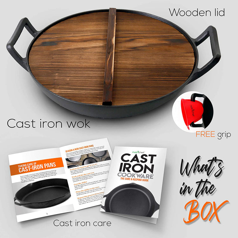 NutriChef Pre Seasoned Cooking Wok Cast Iron Stir Fry Pan with Wooden Lid, Black