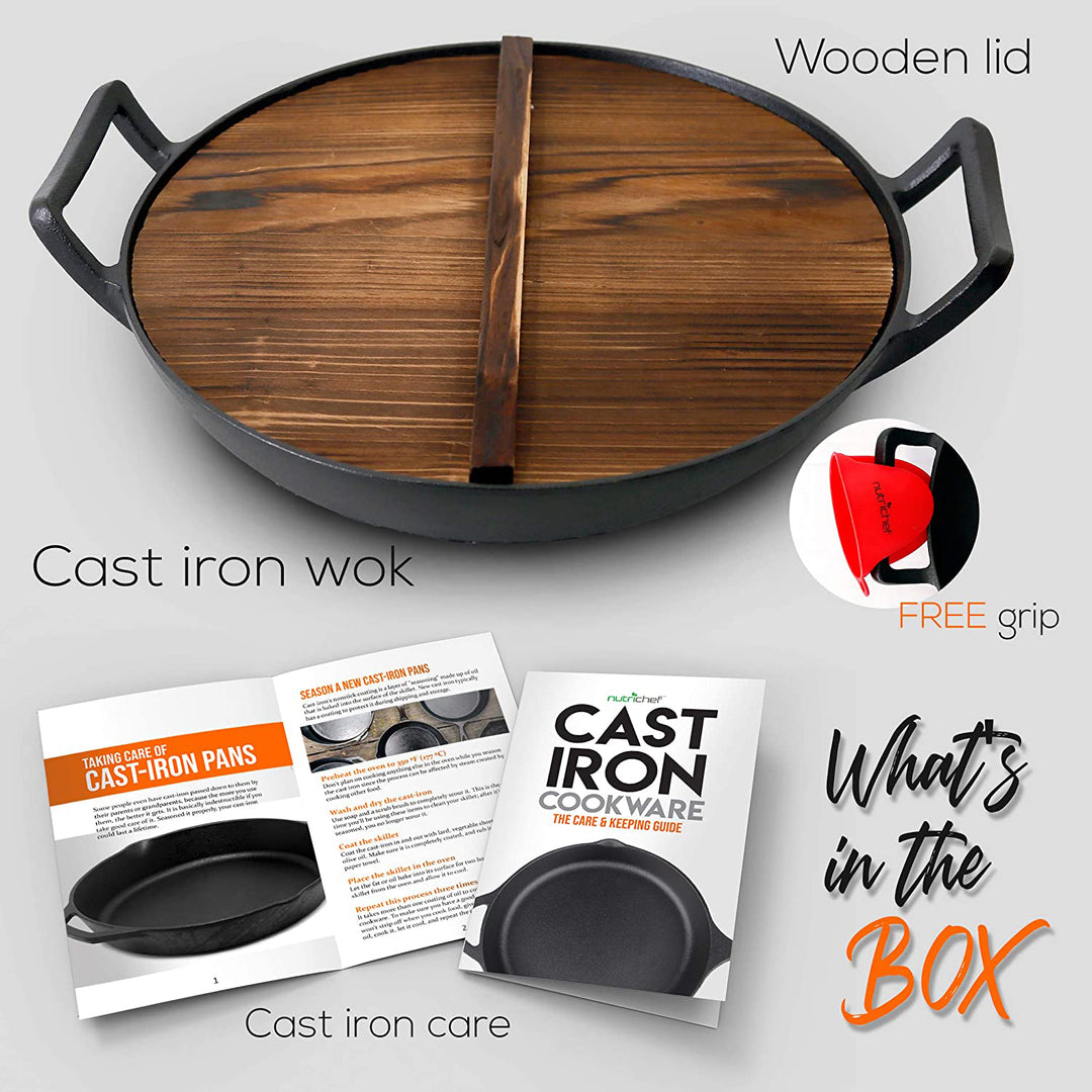 NutriChef Pre Seasoned Wok Cast Iron Stir Fry Pan w/ Reversible Grill Plate Pan