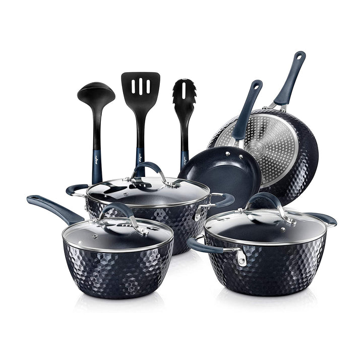 NutriChef 11 Piece Nonstick Diamond Pattern Cookware Set, Dark Blue (Open Box)