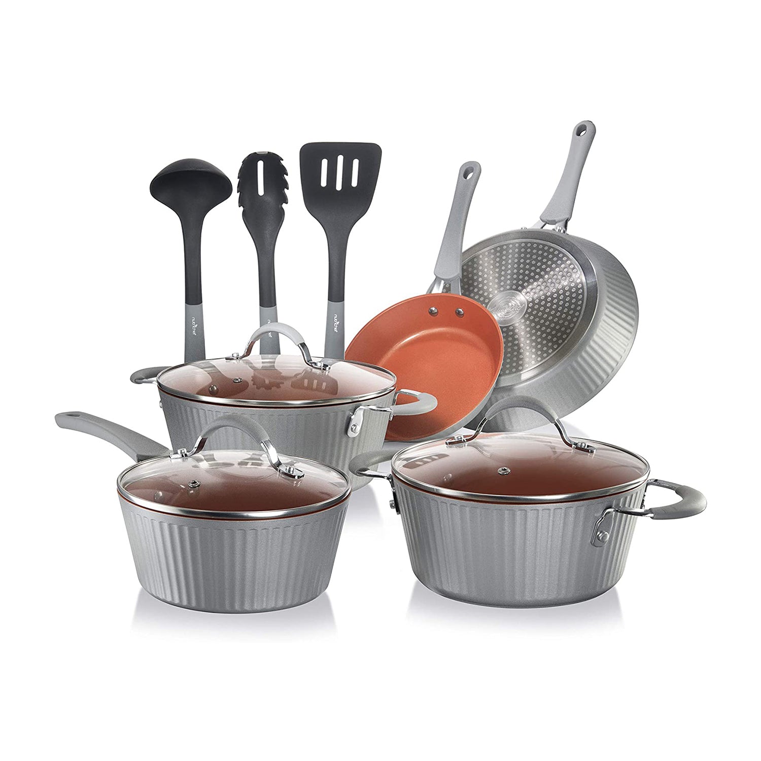 NutriChef 11 Pc Nonstick Stripe Pattern Cookware Pot & Pan Set, Gray (Open Box)