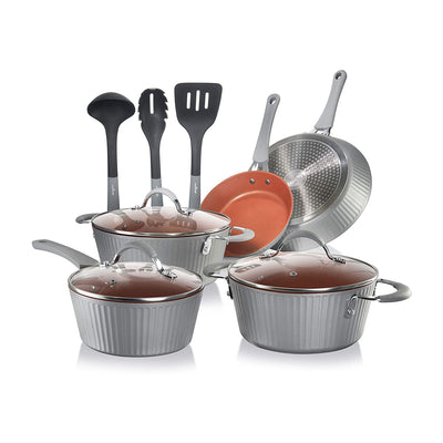 NutriChef Nonstick Kitchen Cookware Pots Pans, 11 Piece Set, Silver (For Parts)