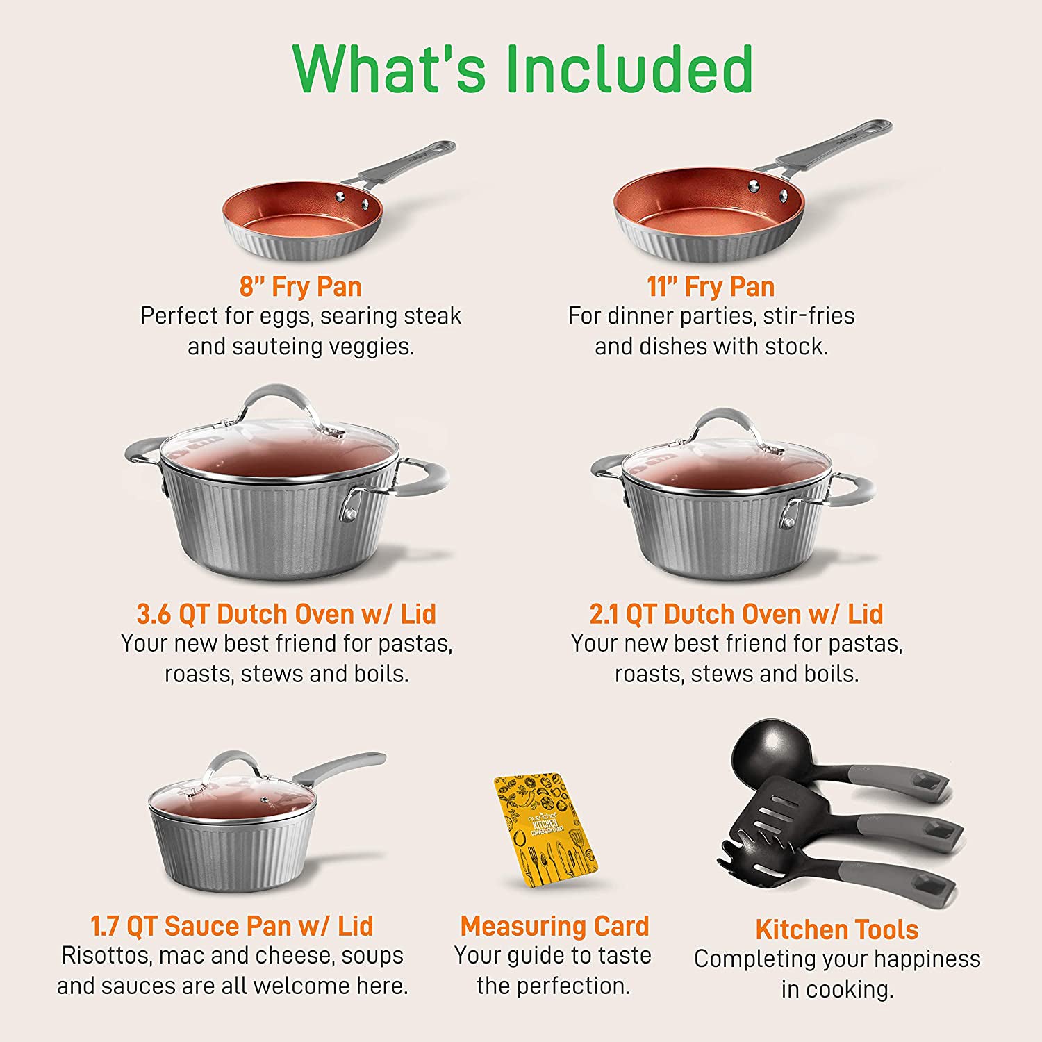 NutriChef 11 Pc Nonstick Stripe Pattern Cookware Pot & Pan Set, Gray (Open Box)