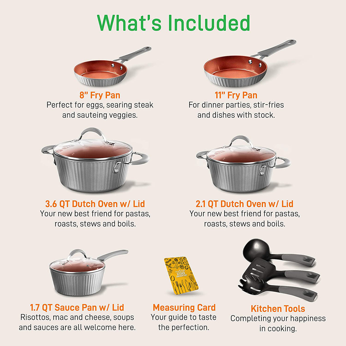 NutriChef Nonstick Kitchen Cookware Pots Pans, 11 Piece Set, Silver (For Parts)