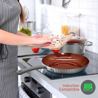 NutriChef 11 Pc Nonstick Stripe Pattern Cookware Pot & Pan Set, Gray (Open Box)