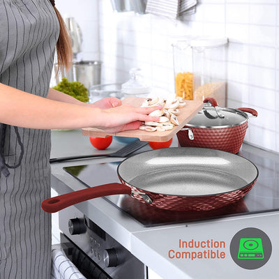 NutriChef 11 Piece Nonstick Ceramic Cooking Kitchen Cookware Pots & Pan Set, Red - VMInnovations