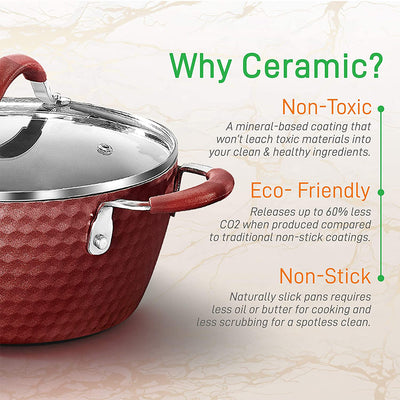 NutriChef 11 Piece Nonstick Ceramic Cooking Kitchen Cookware Pots & Pan Set, Red - VMInnovations
