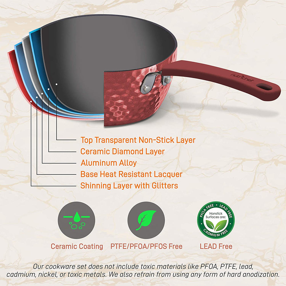 NutriChef 11 Piece Nonstick Ceramic Cooking Kitchen Cookware Pots & Pan Set, Red - VMInnovations