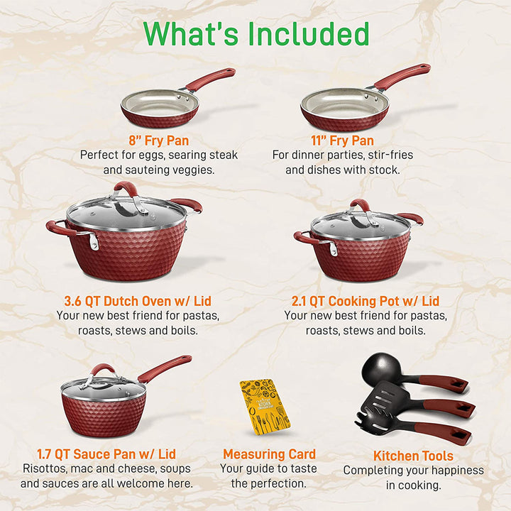 NutriChef 11 Piece Nonstick Ceramic Cooking Kitchen Cookware Pots & Pan Set, Red - VMInnovations
