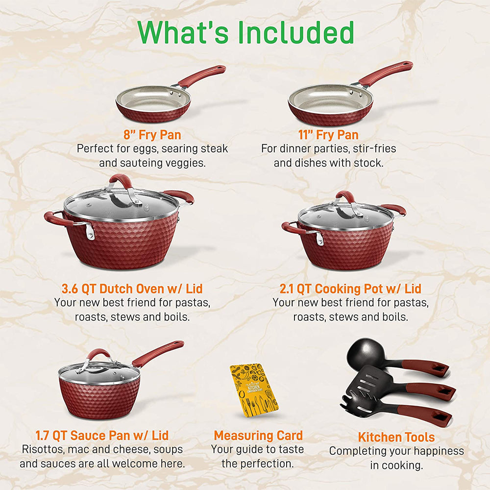 NutriChef 11 Piece Nonstick Ceramic Cooking Kitchen Cookware Pots & Pan Set, Red - VMInnovations