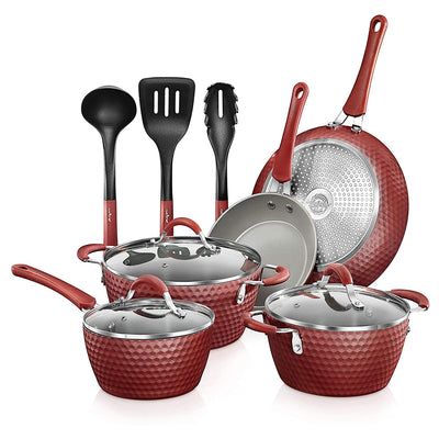 NutriChef 11Pc Nonstick Ceramic Cooking Cookware Pots & Pan Set,Red(Used)