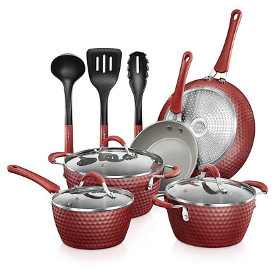 NutriChef 11 Piece Nonstick Ceramic Cooking Kitchen Cookware Pots & Pan Set, Red