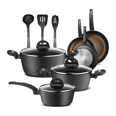 NutriChef Ridge Line Nonstick Kitchen Pots and Pan, 12 Piece Set, Gray(Open Box)