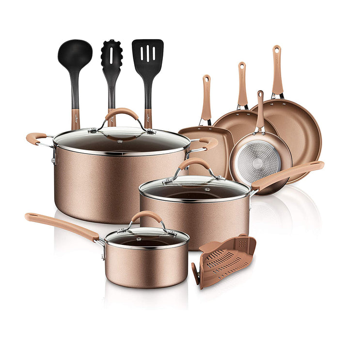 NutriChef Nonstick Kitchen Cookware Pots and Pans, 14 Piece Set, Bronze (4 Pack)