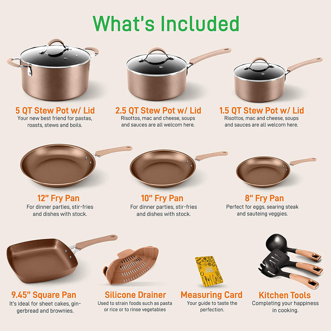 NutriChef Nonstick Kitchen Cookware Pots and Pans, 14 Piece Set, Bronze (4 Pack)