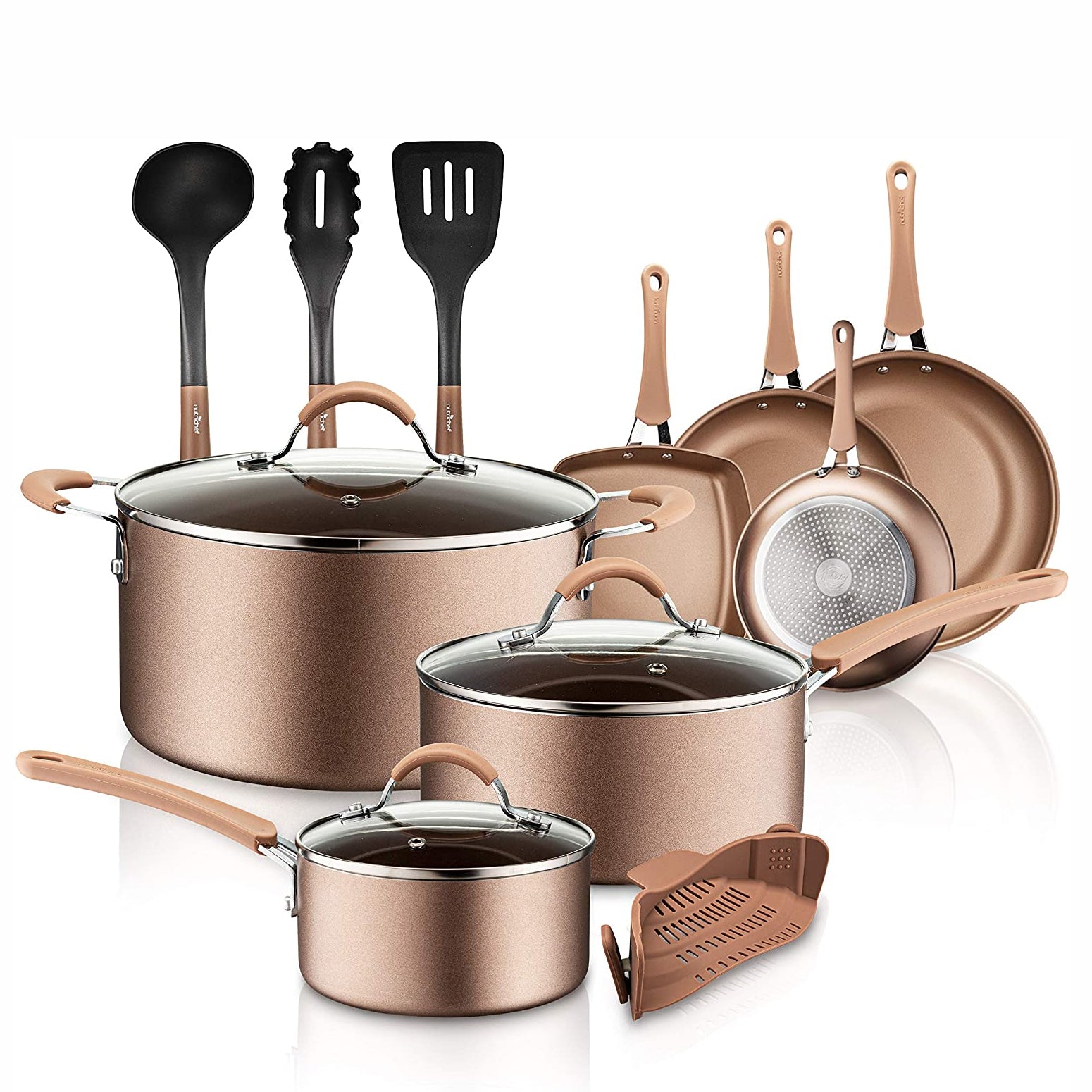 NutriChef Nonstick Cooking Cookware Pots and Pans, 14 Pc Set, Bronze (Open Box) - VMInnovations