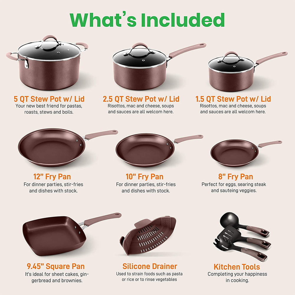 NutriChef Nonstick Kitchen Cookware Pots & Pans, 20 Piece Set, Bronze (Open Box) - VMInnovations