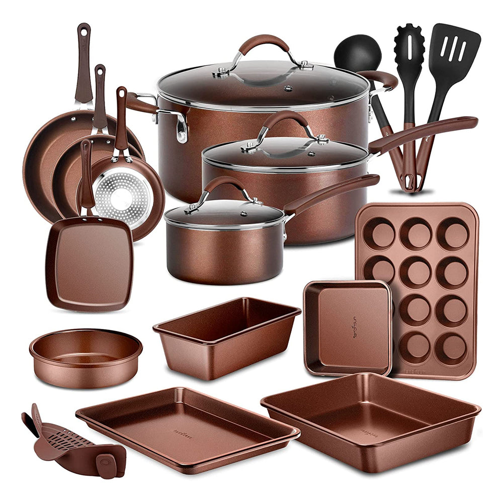 NutriChef Nonstick Kitchen Cookware Pots & Pans, 20 Piece Set, Bronze (Open Box) - VMInnovations