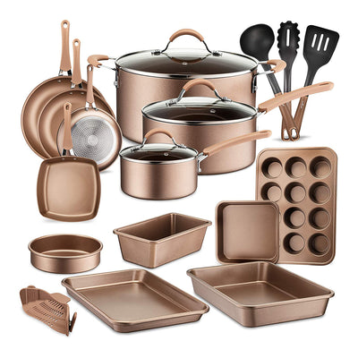 NutriChef 20 Piece Nonstick Kitchen Cookware Pots & Pans Set, Bronze (2 Pack)
