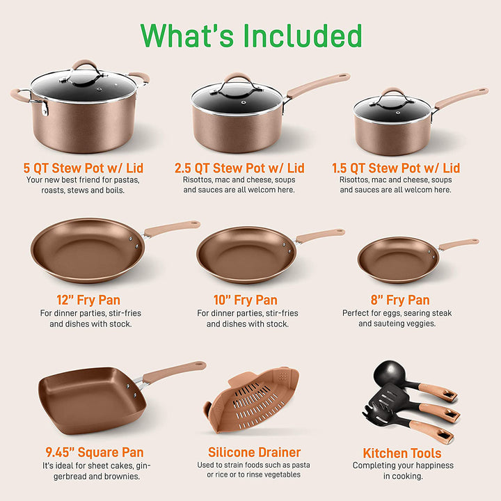 NutriChef 20 Piece Nonstick Kitchen Cookware Pots & Pans Set, Bronze (2 Pack) - VMInnovations