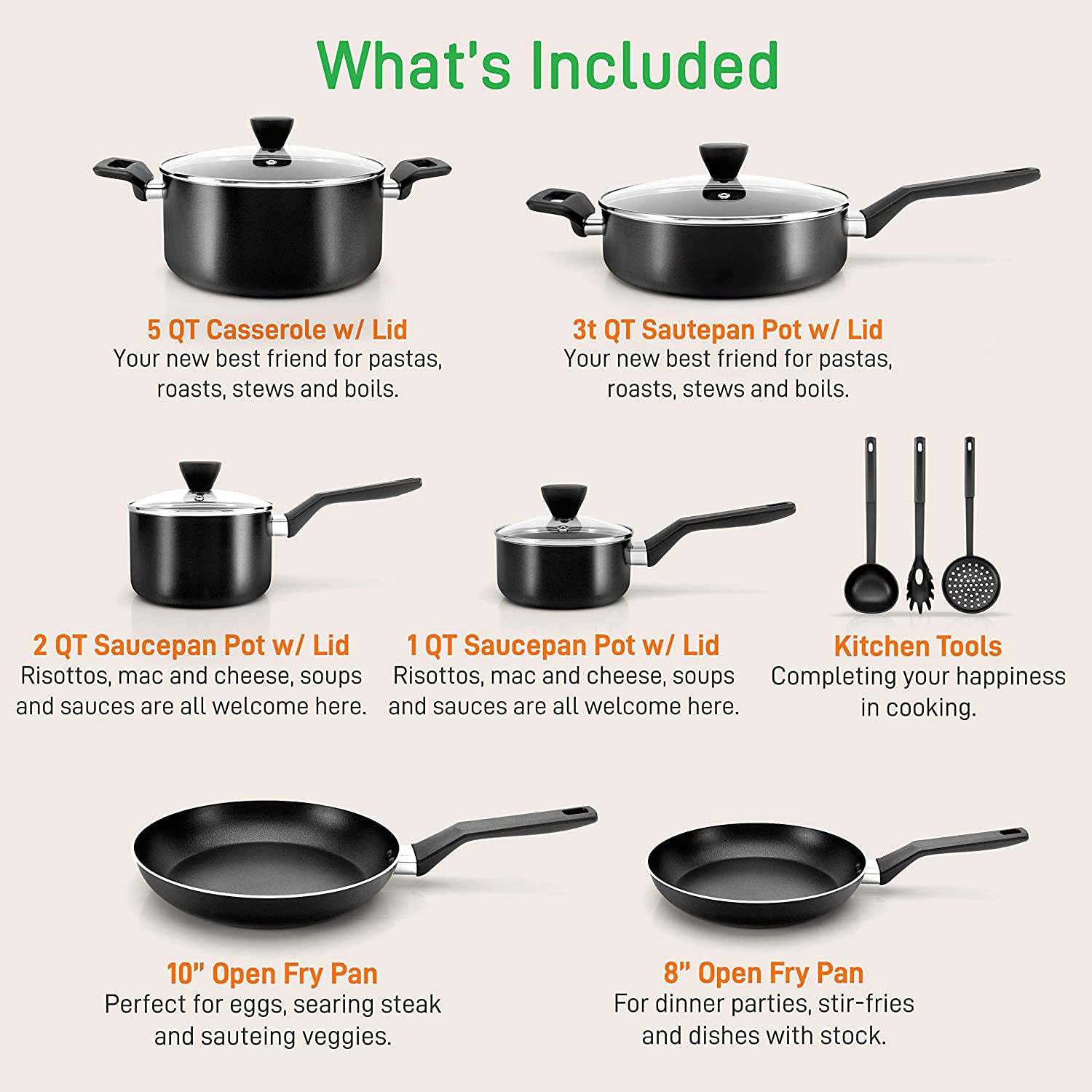 NutriChef Nonstick Cooking Kitchen Cookware Pots and Pan, 52 Piece Set, Black