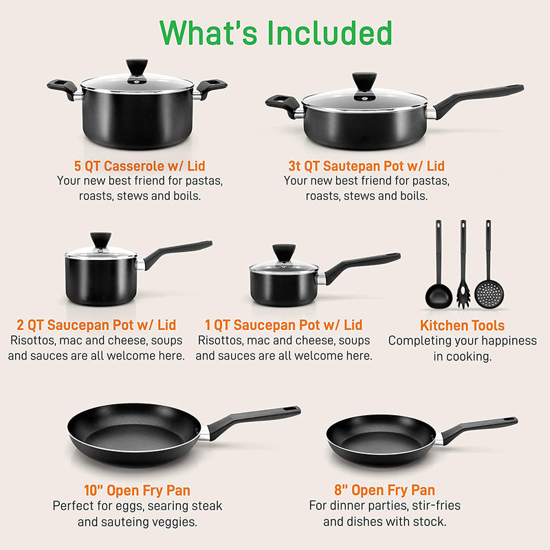 NutriChef Nonstick Cooking Kitchen Cookware Pots and Pan, 26 Piece Set, Black