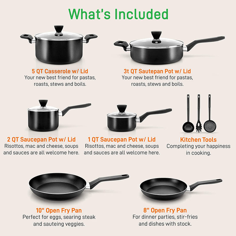 NutriChef Nonstick Cookware Pots and Pan, 13 Piece  Set, Black (For Parts)