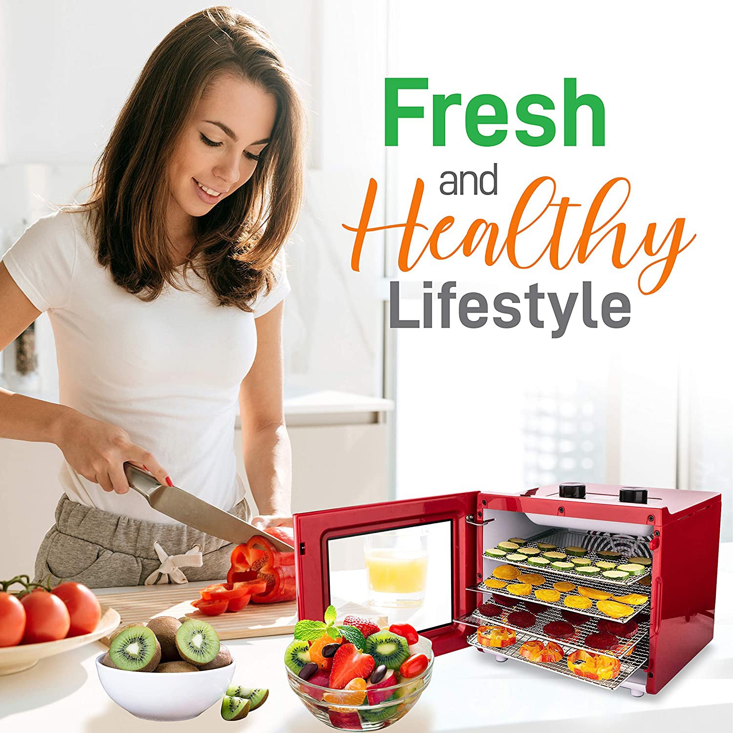 NutriChef Electric 600 Watts Food Dehydrator with 6 Trays, Silver (Open Box) - VMInnovations