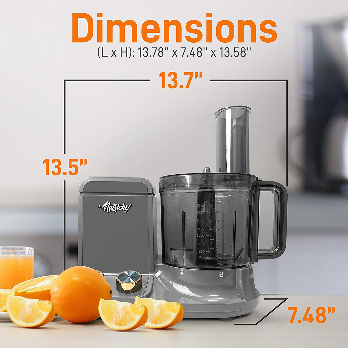 NutriChef 12 Cup Multi Function Food Processor with 6 Attachment Blades, Gray