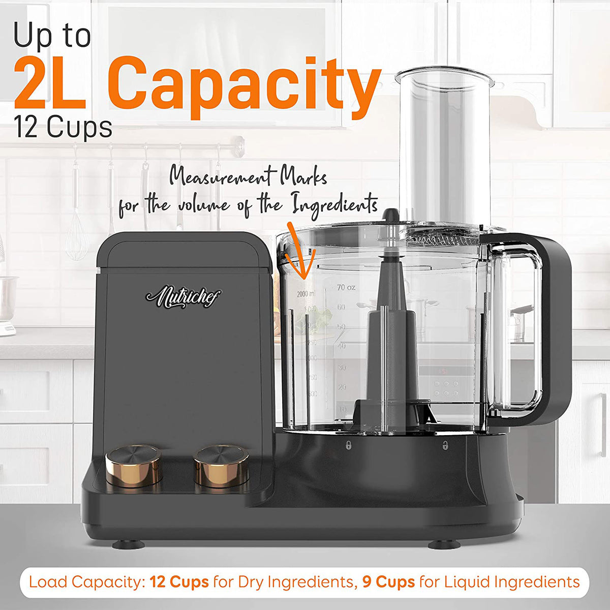 NutriChef 12 Cup Multi Function Food Processor with 6 Attachment Blades, Gray