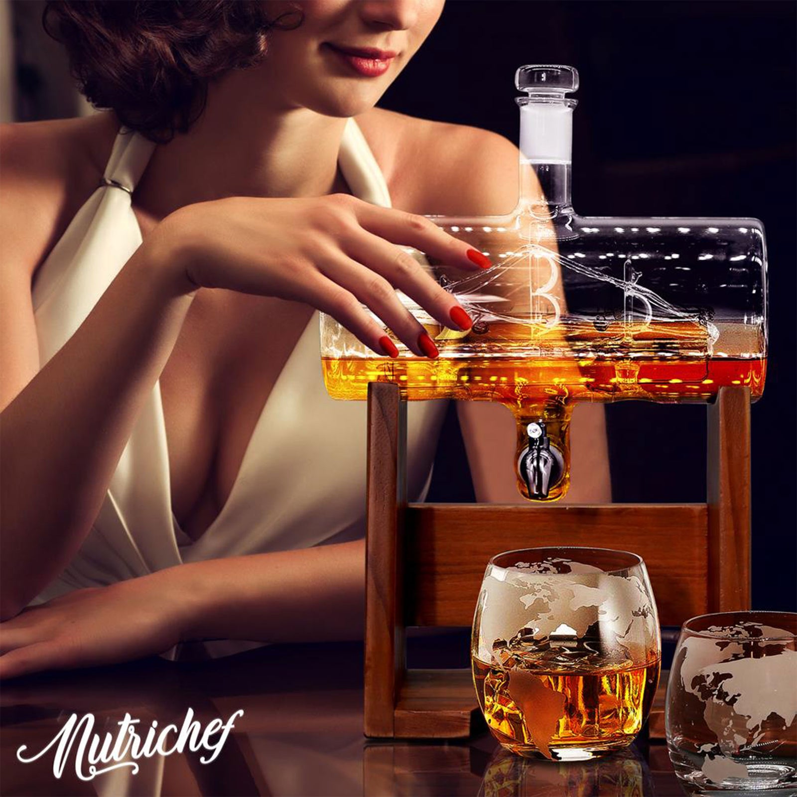 NutriChef Home Bar Glass Barrel Whiskey Alcohol Decanter Set w/ Glasses (Used) - VMInnovations