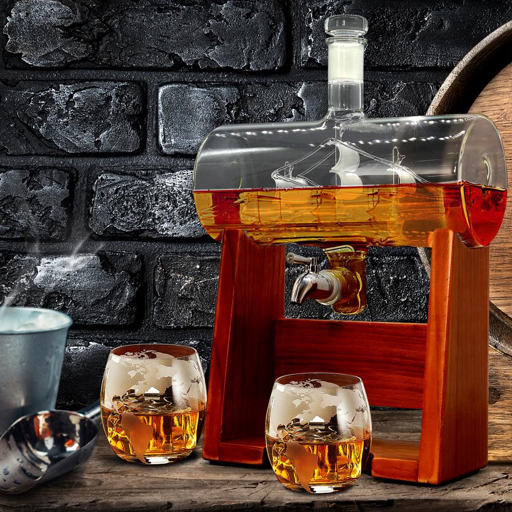 NutriChef Home Bar Glass Barrel Whiskey Carafe Alcohol Decanter Set (2 Pack)