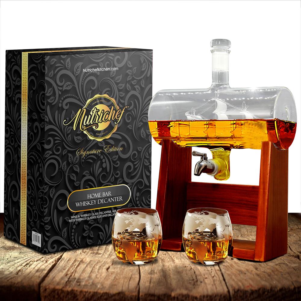 NutriChef Home Bar Glass Barrel Whiskey Carafe Alcohol Decanter Set (4 Pack)