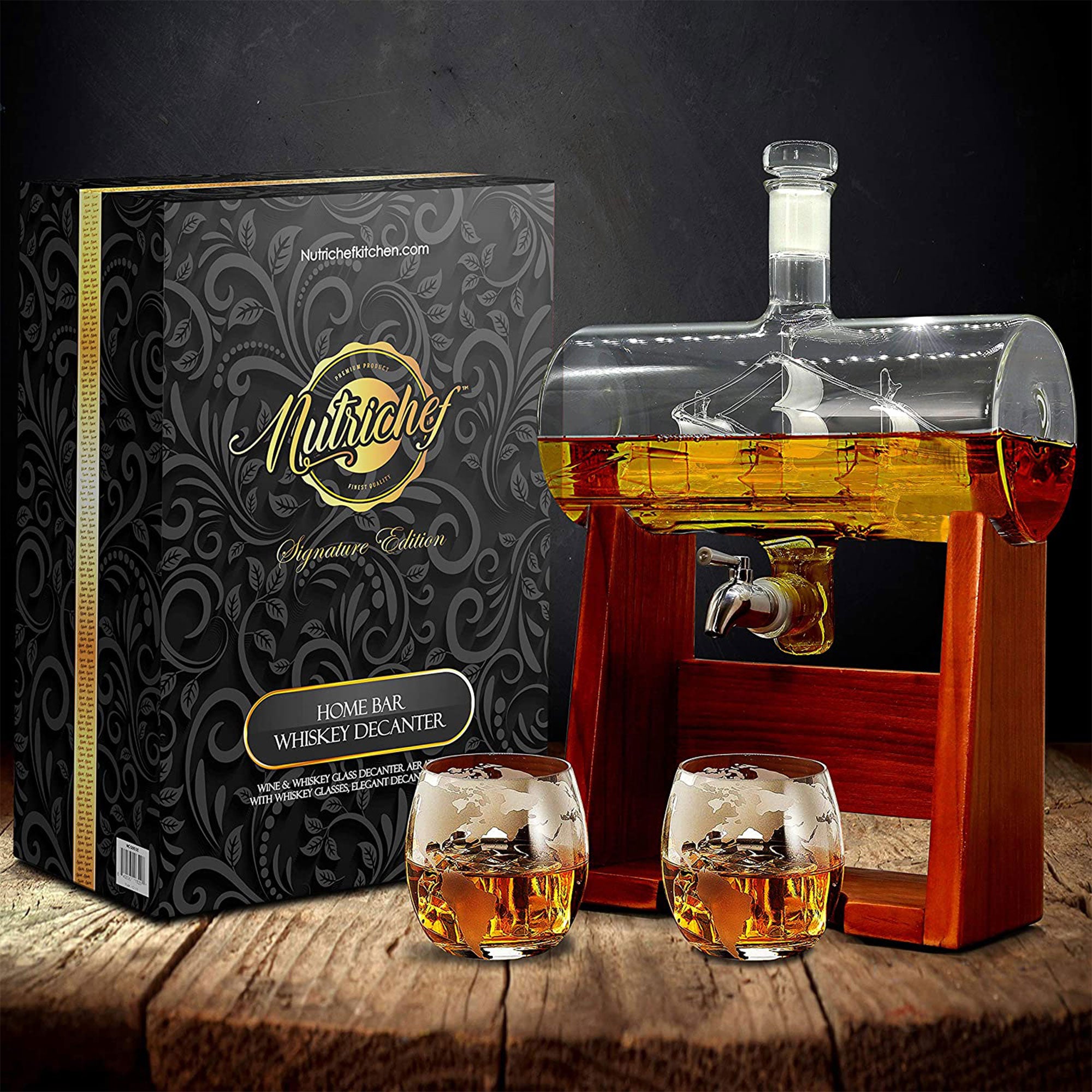 NutriChef Home Bar Glass Barrel Carafe Alcohol Decanter Set w/ Glasses(Open Box) - VMInnovations