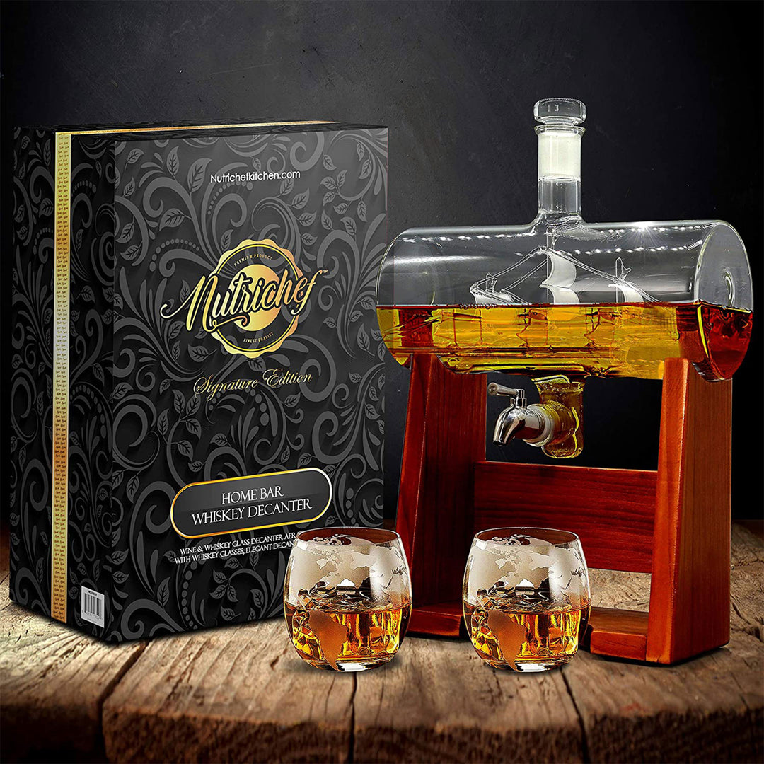 NutriChef Home Bar Glass Barrel Whiskey Alcohol Decanter Set w/ Glasses (Used) - VMInnovations