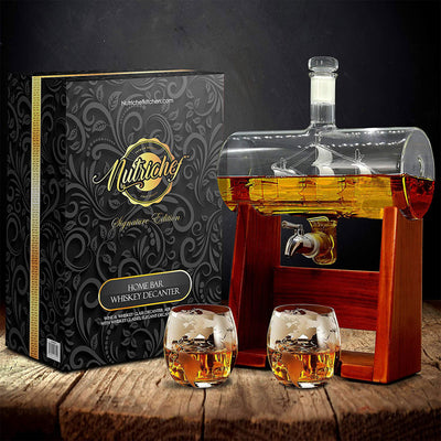 NutriChef Home Bar Glass Barrel Carafe Alcohol Decanter Set w/ Glasses(Open Box) - VMInnovations