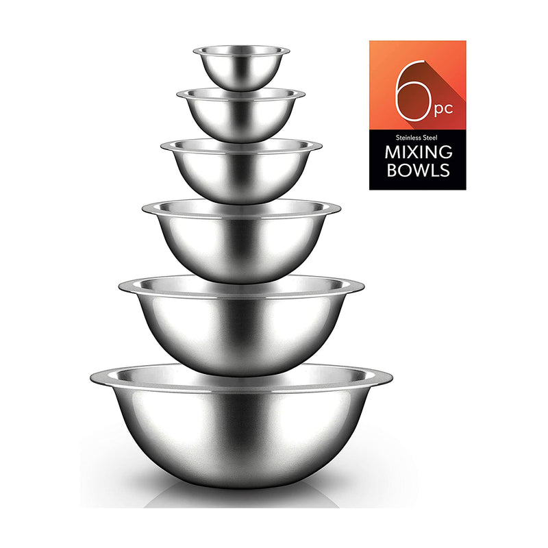 NutriChef 6 Pc Stainless Steel Home Food Prep Mixing Serving Bowl Set (Open Box)