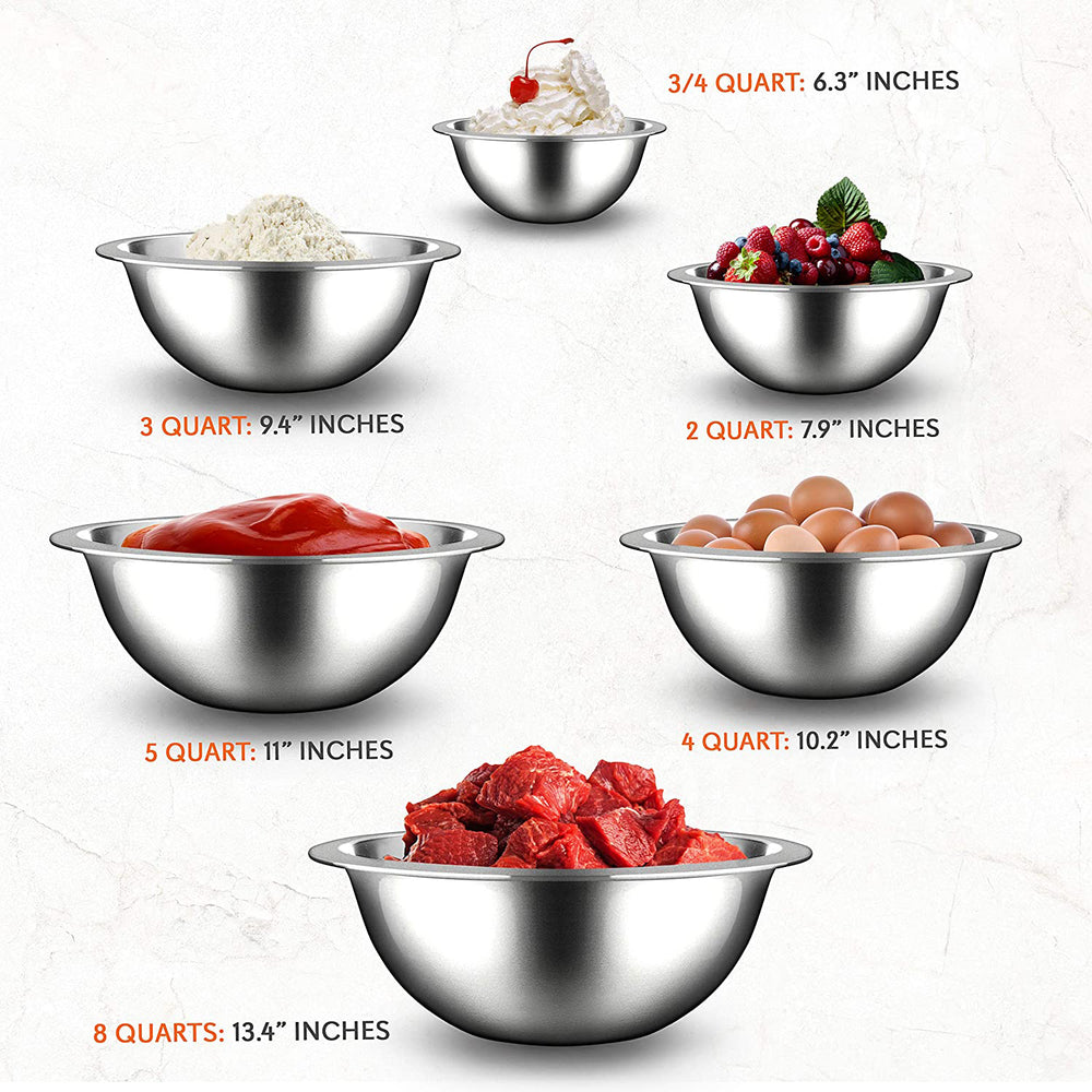 NutriChef 6 Piece Stainless Steel Home Food Prep Mixing Serving Bowl Set (Used) - VMInnovations